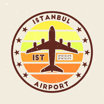 Istanbul airport insignia. Round badge with vintage stripes, airplane shape, airport IATA code, and GPS coordinates. Attractive vector illustration.