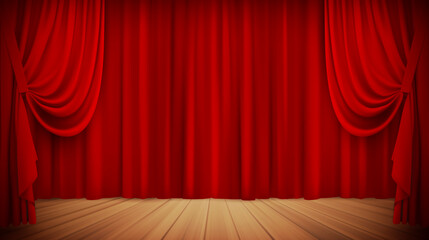 Red stage velvet curtain and wooden podium. Theater or opera scene drape backdrop in vintage style. Grand opening premiere backstage. Portiere for ceremony of awards performance. Vector illustration