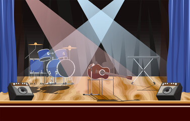 Empty stage with rock instruments. Nobody on live metal music concert in nightclub show with spotlights. Scene with audience acoustic guitar, synthesizer, drum kit and speakers. Vector illustration