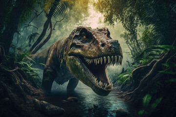 Illustration of dinosaur trex hunting in prehistoric jungle. Generative AI