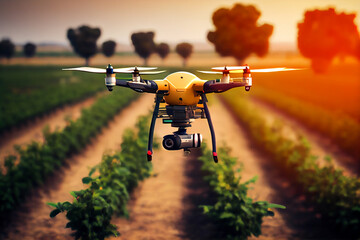 Drones take care of fruit plantation fields. Monitoring crop condition and field spraying. Generate AI