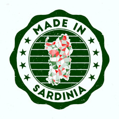Made In Sardinia. Island round stamp. Seal of Sardinia with border shape. Vintage badge with circular text and stars. Vector illustration. - obrazy, fototapety, plakaty