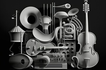 Instruments from an orchestra, superimposed on a dark grey background. Generative AI