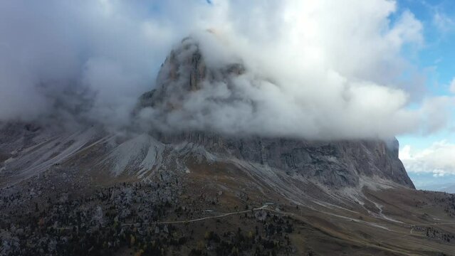 Aerial video of Monte Re Gosla in the Italian Dolomites (Passo Gio)