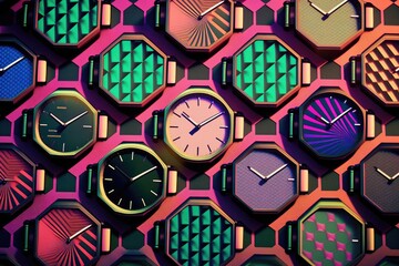 Background with abstract geometric patterns and watches. AI-generated