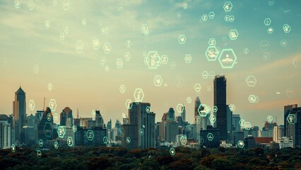 Business data analytic interface fly over smart city showing alteration future of business intelligence. Computer software and artificial intelligence are used to analyze big data for strategic plan .