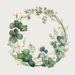 Circular Clover and White Flowers Wreath Isolated on Background. Concept for Saint Patrick's Day Invitation. Generative AI.