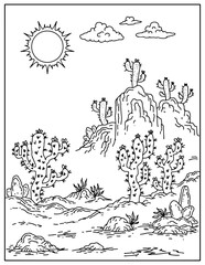hand drawing desert cactus landscape coloring page for kid
