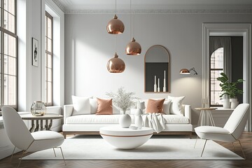 Contemporary living room with white sofa, wood coffee table, and copper lighting. Generative AI
