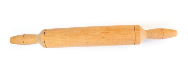 Wooden rolling pin isolated on a white background. Top view, flat lay.