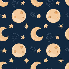 Night sky, crescent, moon and stars. Vector seamless pattern 