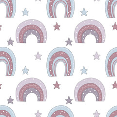 Childish seamless pattern with rainbow in purple-pink colors. Vector illustration