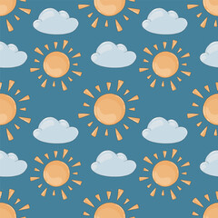 Funny seamless pattern with sun and clouds. Cildish illustration
