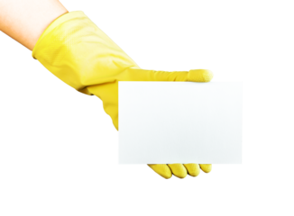 Blank gift card mockup for cleaning service ad. Hand in yellow gloves holding empty certificate mock-up isolated on white background