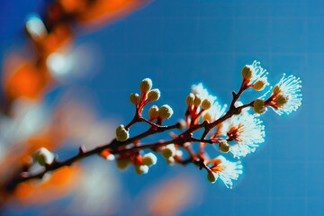 Amazing spring floral abstract landscape. Macro of an apricot tree branch in bloom, out of focus against a sky that is just just blue. Use this copy area on Easter and spring greeting cards