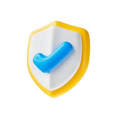 Protection shield icon, checkmark on shield symbol, safety concept. 3d render illustration transparency background