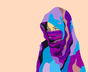 Muslim woman wearing a multicolored purple niqab or hijab, covering her face