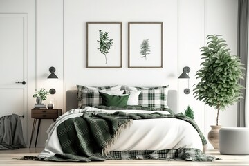 Home bedroom interior mockup with bed, green plaid, pillows and plants on empty white wall background. Free space on right. 3D rendering