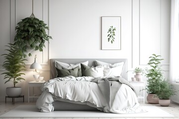 Home interior, scandinavian style bedroom mock up