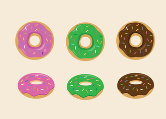 Obraz premium Colorful donut with pink, chocolate, green glazed set on white background. The view from the top and from the side. Vector illustration