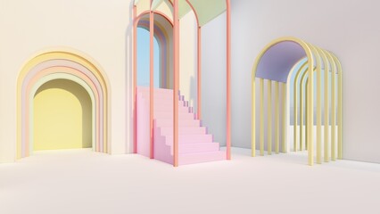 Interior arch and stairs in trendy minimal design. Gradient pastel colors background. Abstract modern geometric style composition 3d render