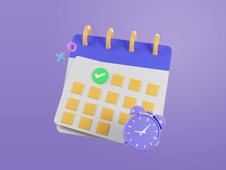 a calendar ,gold coins and alarm clock icon  on purple background , 3d rendering illusstation