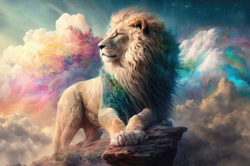 Powerful Epic Legendary Lion in heaven. Spiritual Animal Awakening Concept.Magical Fantasy Epic Wallpaper. Generative AI.