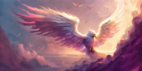 Powerful Epic Legendary Phoenix Spreading Glowing Wing in Universe. Spiritual Animal Awakening Concept.Magical Fantasy Epic Wallpaper. Generative AI. - obrazy, fototapety, plakaty