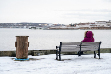 Woman looking to the views in Halifax during the winter - obrazy, fototapety, plakaty