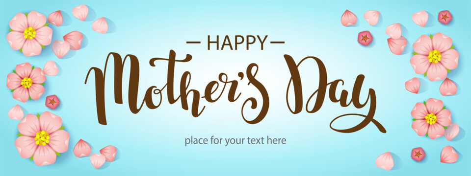 Horizontal banner with text message With Happy Mother's day and cherry flowers