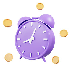 purple vintage alarm clock and gold coins on a white  background , 3d rendering illustration