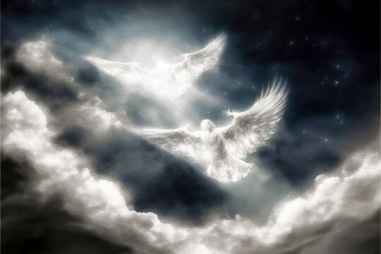 A dreamy cloudy blue sky with a surreal shiny angel wings. Generative AI