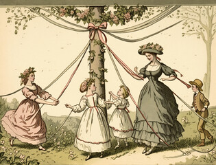 An Illustration of a May Day Celebration with a May Pole | Generative AI