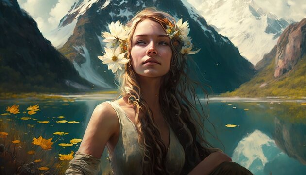 Beautiful Woman in meditation state illustration oil painting style. Full of joy and bliss concentration spiritual practice.  generative ai	