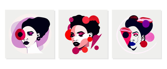 Set of modern contemporary portrait of bohemian woman beauty surreal face with abstract shapes