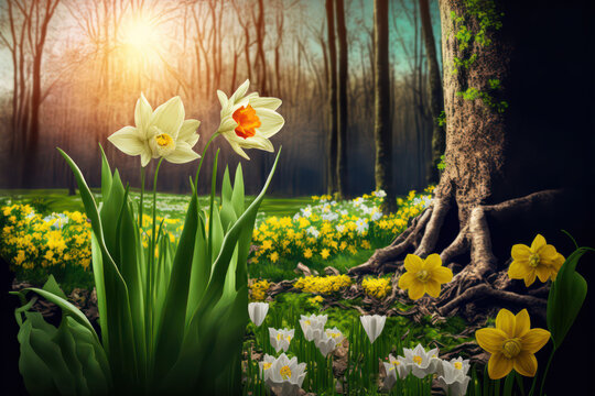 Generative AI illustration of beautiful Easter theme woodland landscape image