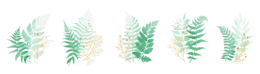 Set of watercolor green leaves elements isolated on white background. Foliage collection of  branch, fern leaves with gold splashes and line art. Botanical art design. Vector illustration.