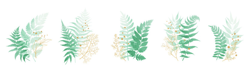 Set of watercolor green leaves elements isolated on white background. Foliage collection of  branch, fern leaves with gold splashes and line art. Botanical art design. Vector illustration. © artnata