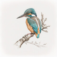 Generative AI illustration of beautiful watercolour and ink style painting of kingfisher bird on branch portrait