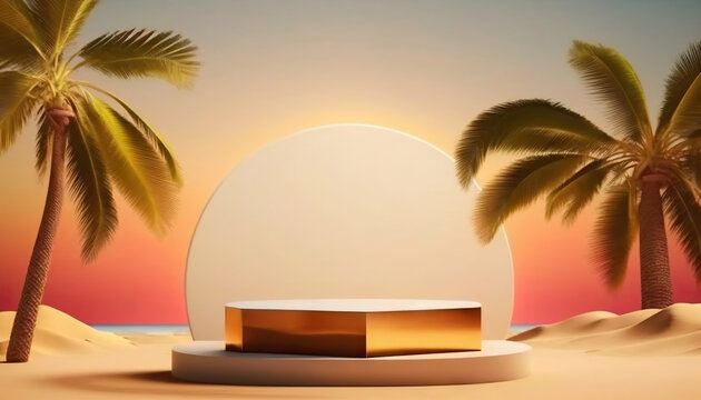 3D podium with copy space for product on sunset beach and palm trees background. Based on Generative AI