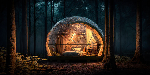campsite geodesic glamping bubble dome with leds in the forest - obrazy, fototapety, plakaty
