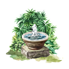Garden decorative fountain. Small architectural form, Landscape design element. Hand drawn watercolor illustration isolated on white background