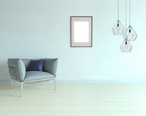 empty living room interior decoration modern lamp and wooden floor, stone wall concept. decorative background for home, office, hotel. 3D illustration