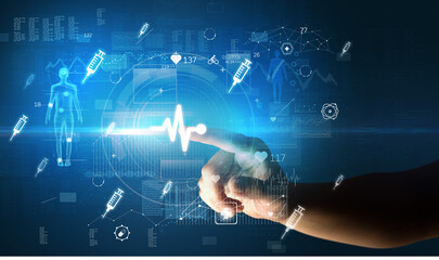 Fototapeta premium Doctor hand pressing futuristic health device with medical symbol on screen