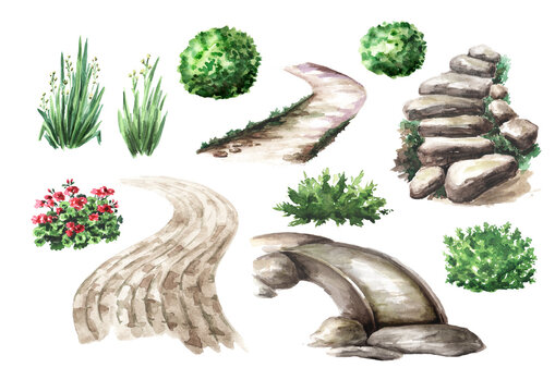 Garden stone steps, Walking path. Landscape design elements set. Hand drawn watercolor illustration  isolated on white background