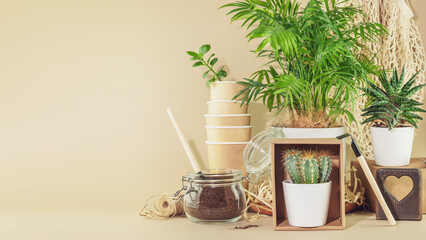 Sustainable home still life. Home gardening. Eco friendly composition with potted plants and garden accessories on beige background with copy space. Concept of ecology, conservation and plastic free