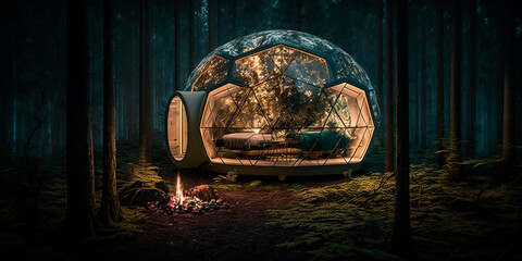 campsite geodesic glamping bubble dome with leds in the forest