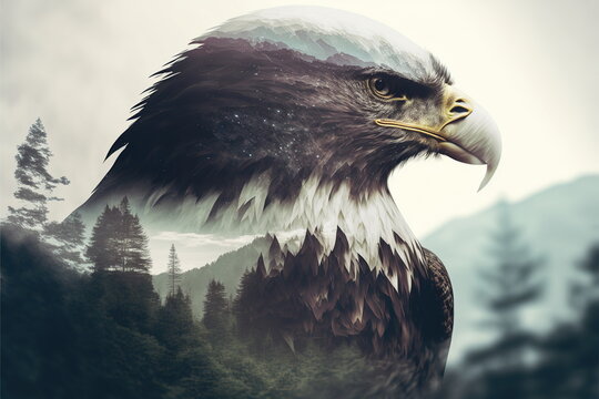 Bird of prey eagle head portrait with sharp eyesight on double exposure with natural landscape with lush forest and mountain scenery showing beauty and majesty of nature. Wondrous Generative AI.