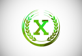 Alphabet X sign with a wheat wreath. Polygonal low poly organic wheat farming logo concept. Agriculture logo design vector template.