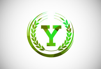 Alphabet Y sign with a wheat wreath. Polygonal low poly organic wheat farming logo concept. Agriculture logo design vector template.